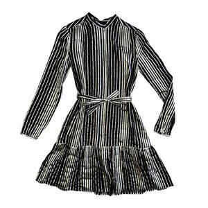 Saloni Silk Metallic Stripe Jacquard Midi Dress Size 2